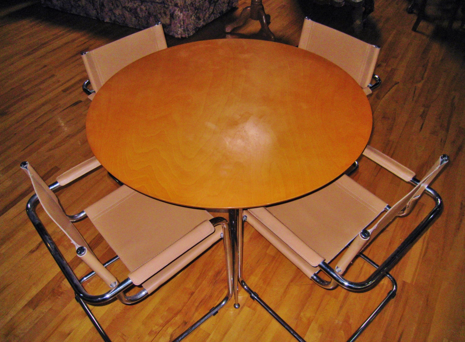Marcel Breuer Knoll dining set chrome and leather cantilever chairs chrome base table maple top