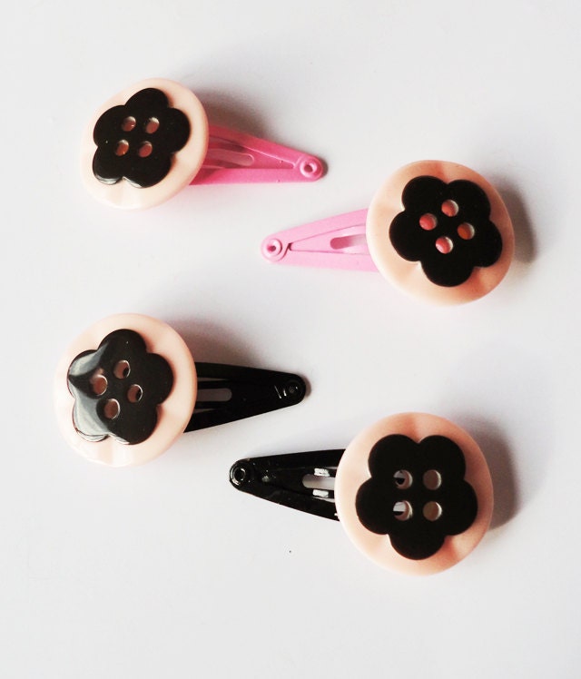 Flower Hair Clips, Baby Pink and Black Pretty Buttons So Cute