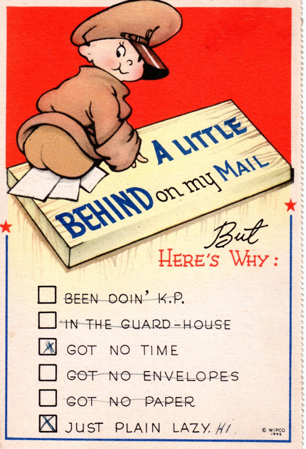 World War II Postcard Comic A Little Behind on my Mail 1942 Vintage