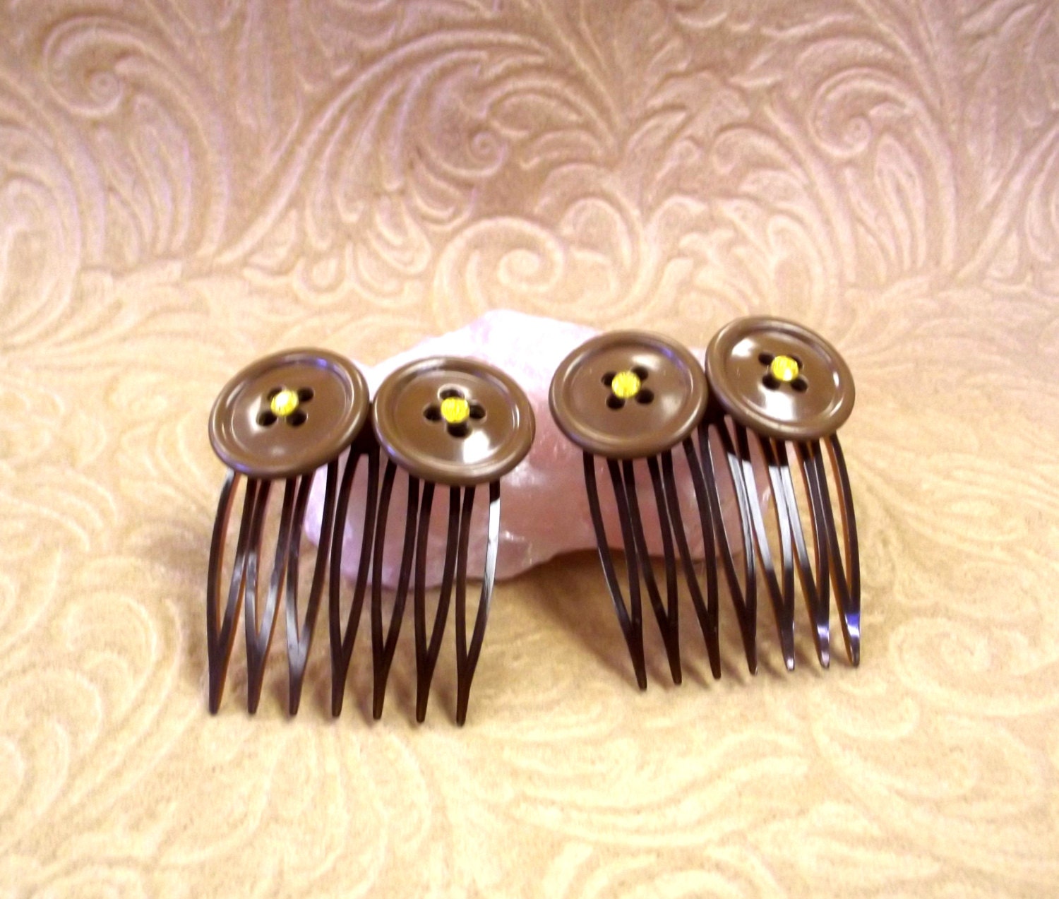 CLASSIC BUTTON Hair Combs, Vintage Buttons, Brown, Crystal Accent, Preppy, Shabby Chic