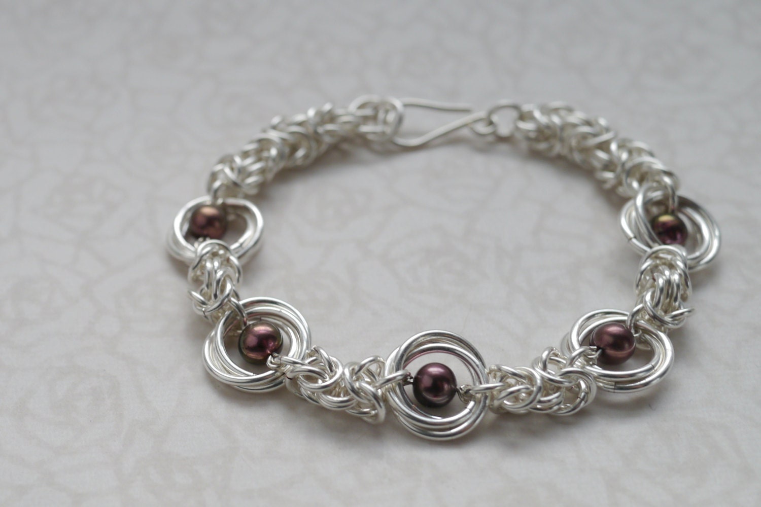 Plum Pearl and Silver Chainmaille Bracelet -- Mobius and Byzantine Weaves -- Handmade Jewelry
