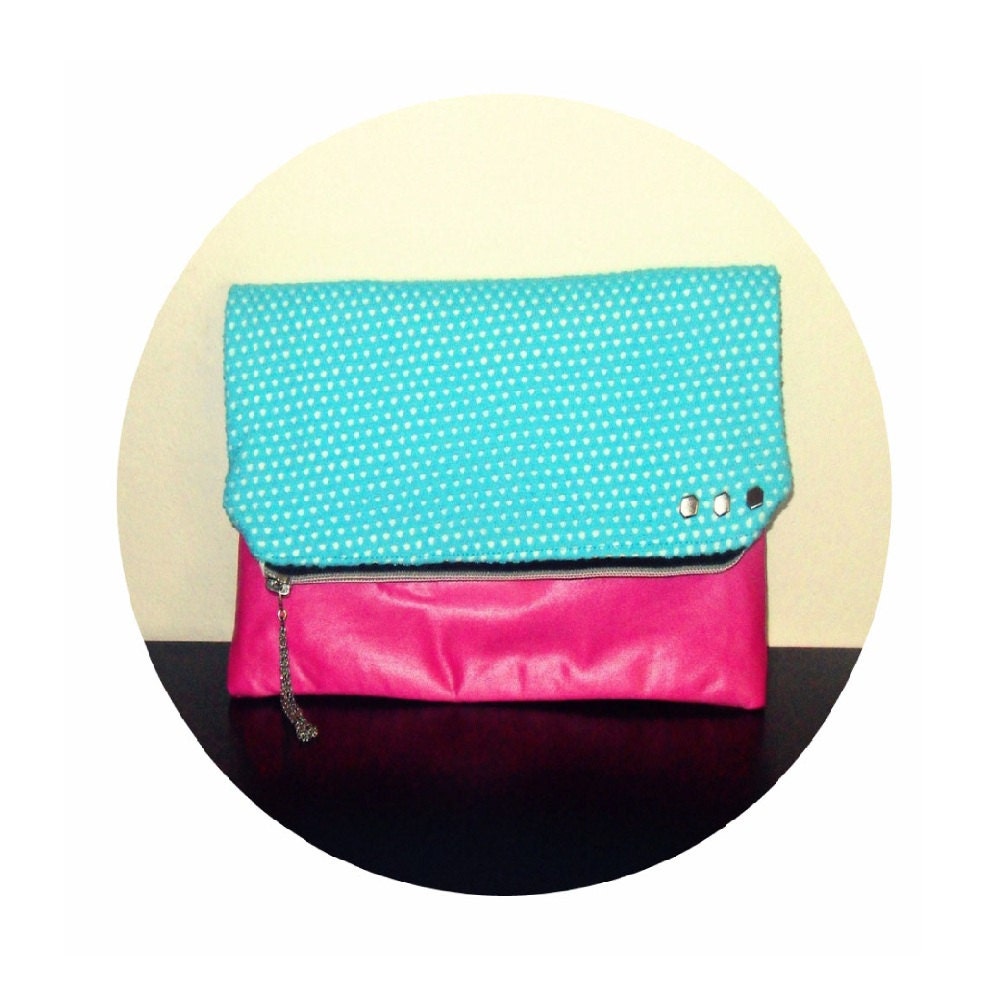 Aqua Mesh Foldover Clutch Unique Upcycled Bag with Geometric Hexagon Studs on Hot Pink
