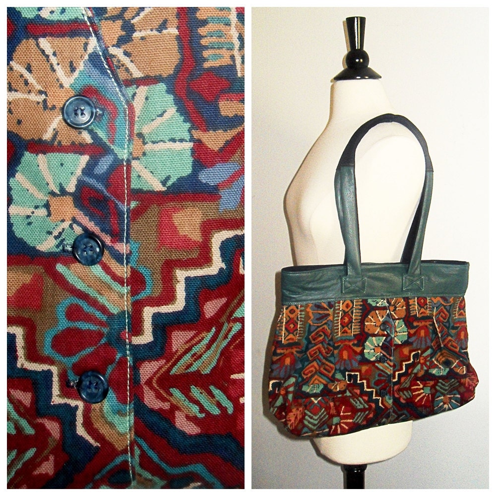 Upcycled Bag Vintage Abstract Print Tote Handmade Unique Teal Red Recycled Denim