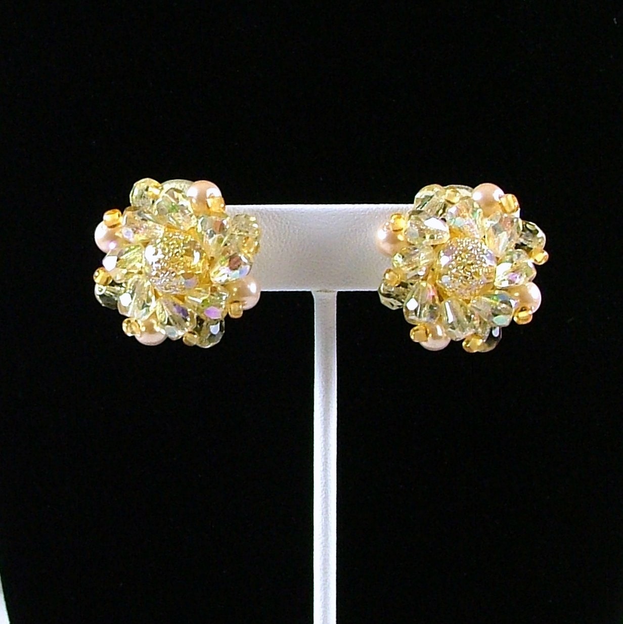 GERMANY Yellow Aurora Borealis Beaded Cluster Clip On Earrings