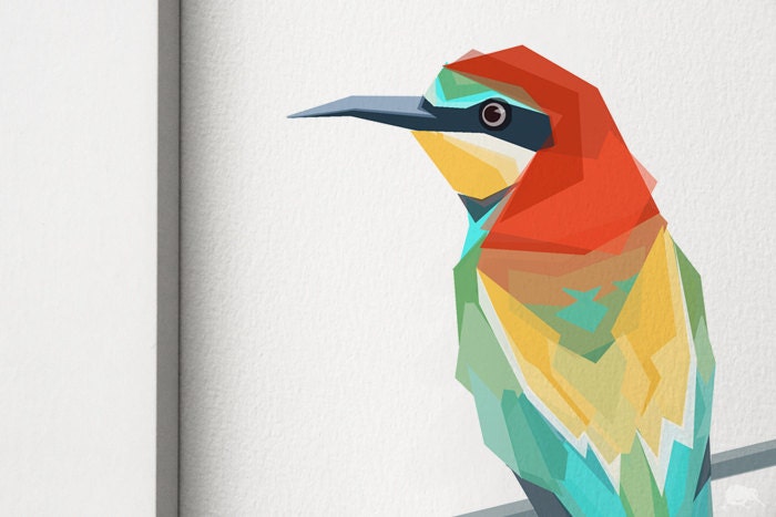 European Bee Eater, Colorful print, Geometric art print, Illustration, Bird print, A3, A3, A5, Custom size