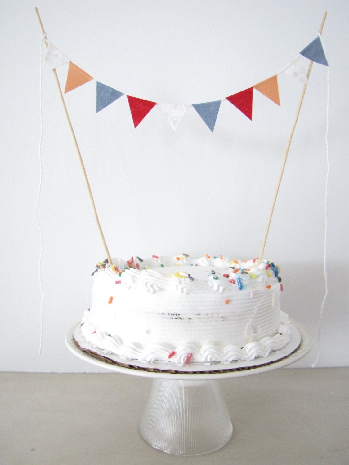 Fabric Cake Bunting Decoration - Cake Topper - Wedding, Birthday Party, Shower Decor in "Country Fair" peach, red, white floral, blue denim