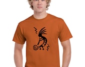 Mens Shirt. Kokopelli T Shirt. Native American Trickster. God of Music and Fertility. Men Orange.