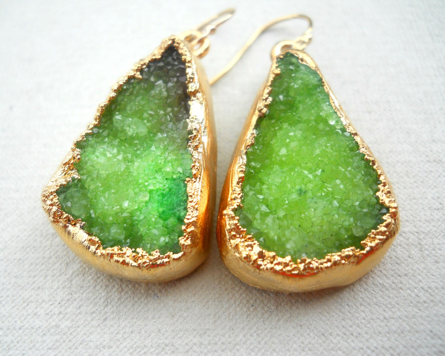 Green apple druzy earrings- Gold-dipped - Organic shaped - Crystal quartz