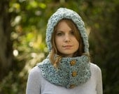 Crochet Hooded Cowl, Neck Warmer with Wood Buttons, Cowl with Hood, Light Blue Gray