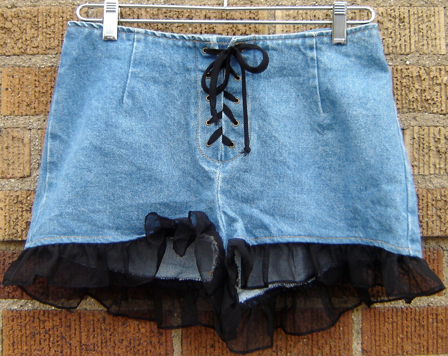 Vintage 90s Paris Blues Denim and Black Tulle Ruffle Shorts Size 9