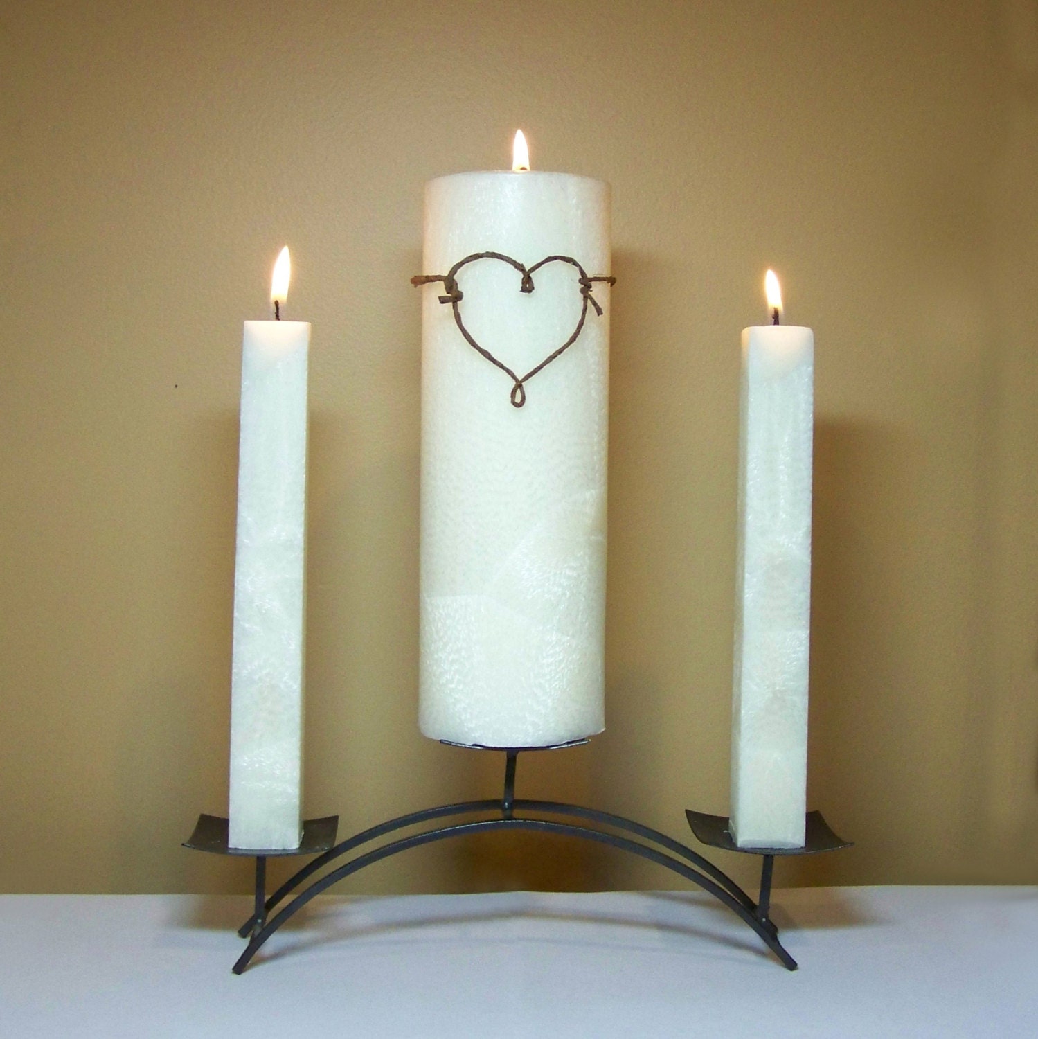 Rustic Unity Candle Set for Weddings: 9" White Unscented Pillar with Two 8" Taper Candlesticks