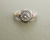 Antique 18k White Gold Filigree Diamond and Ruby Filigree Engagement Ring