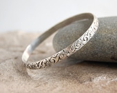 Wide Sterling Silver Bangle Bracelet - Floral Pattern