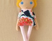 Fabric Doll Rag Doll Blond Girl in Retro Floral Dress