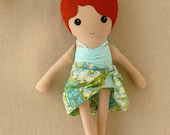 Fabric Doll Rag Doll Girl in Aqua Bathing Suit and Floral Sarong