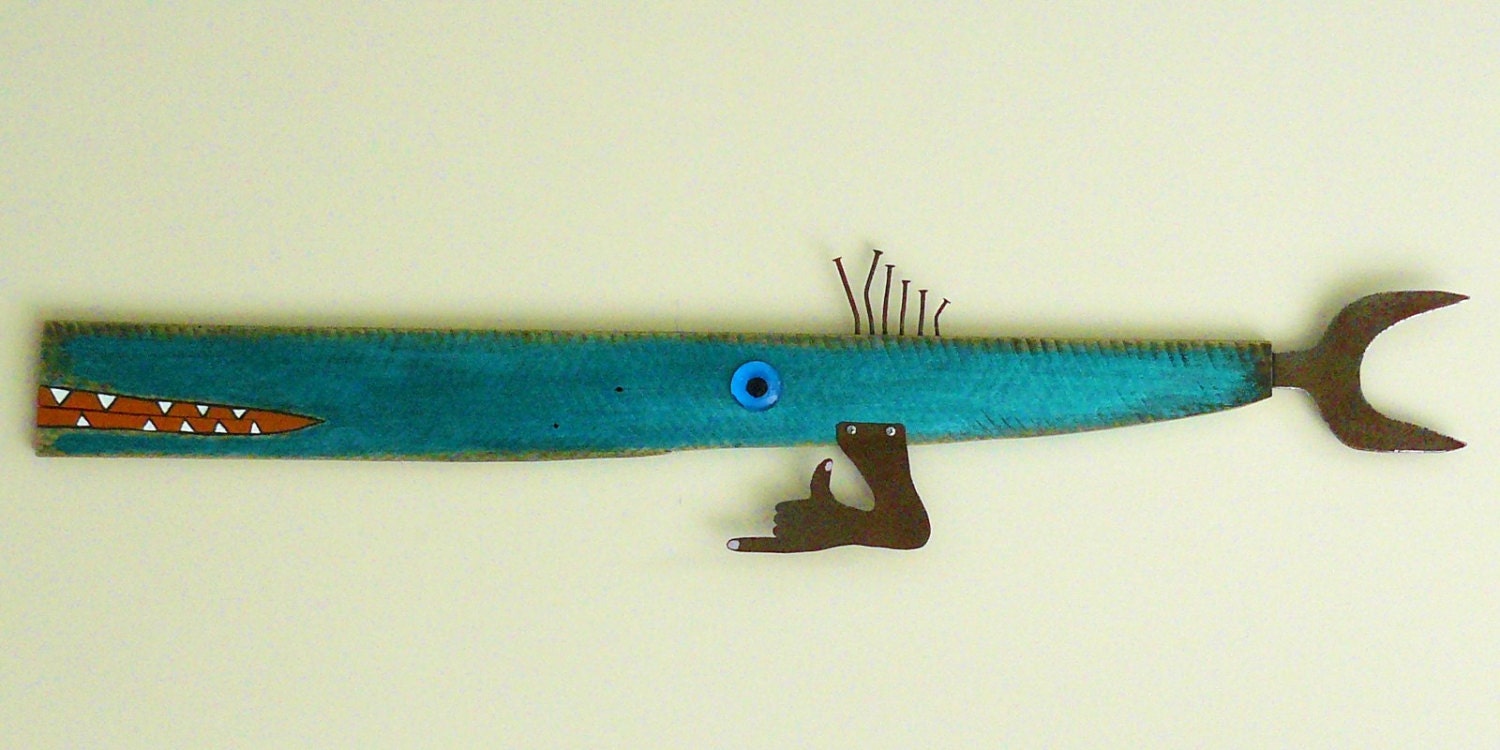 Fish sculpture, found object colorful iridescent wall art, Hang Loose Haddock 2