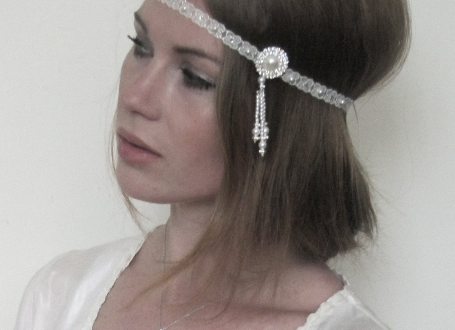 White Silver Art Deco 1920s Great Gatsby Headband - Tiffany's inspired headband from the great Gatsby movie 2013 - Daisy Buchanan