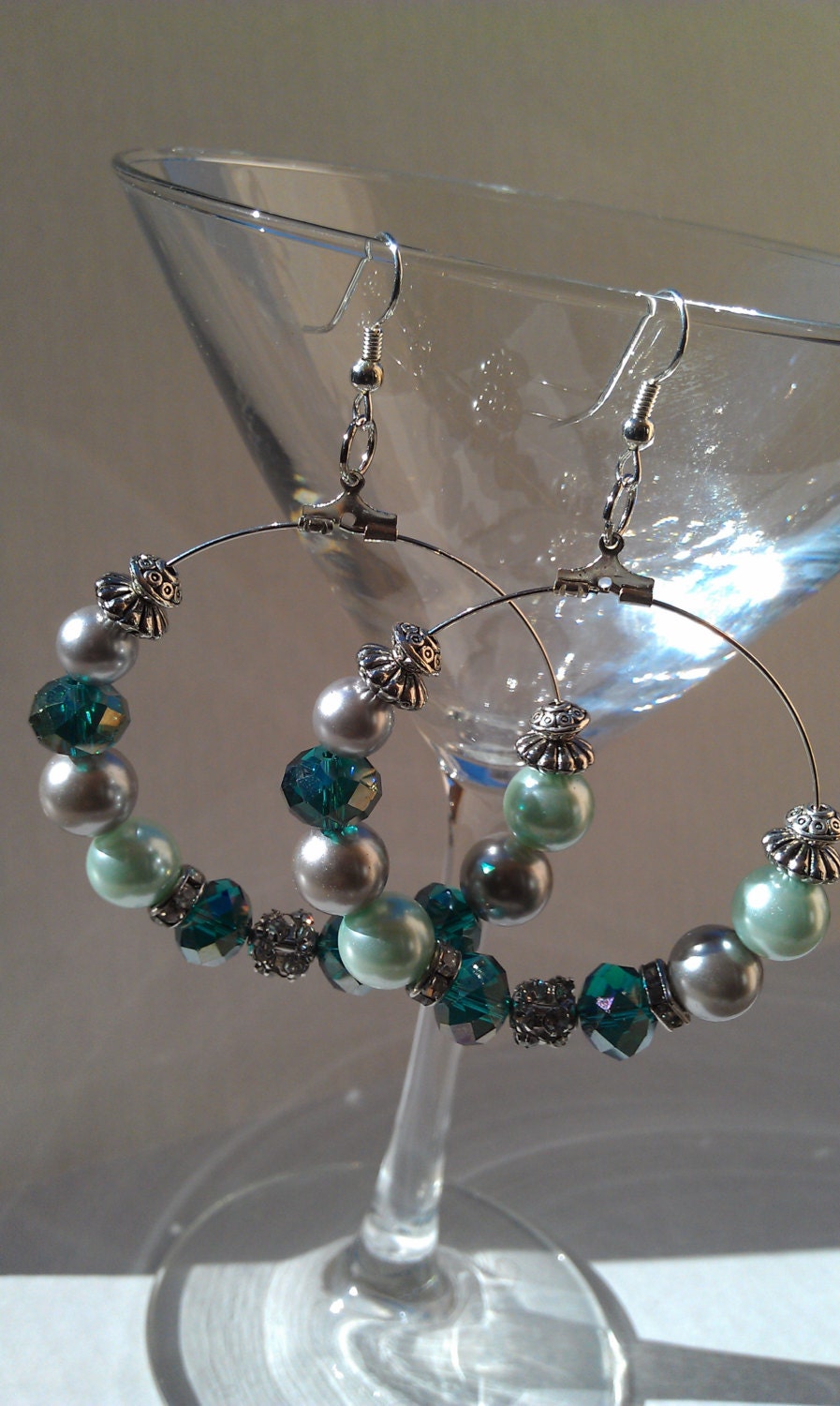 Emerald mint green silver pearl sparkle hoop earrings