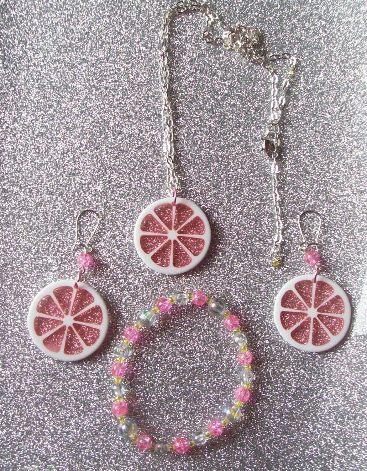 Pink Lemonade  - Set of Earrings, Necklace, and Beaded Stretch Bracelet