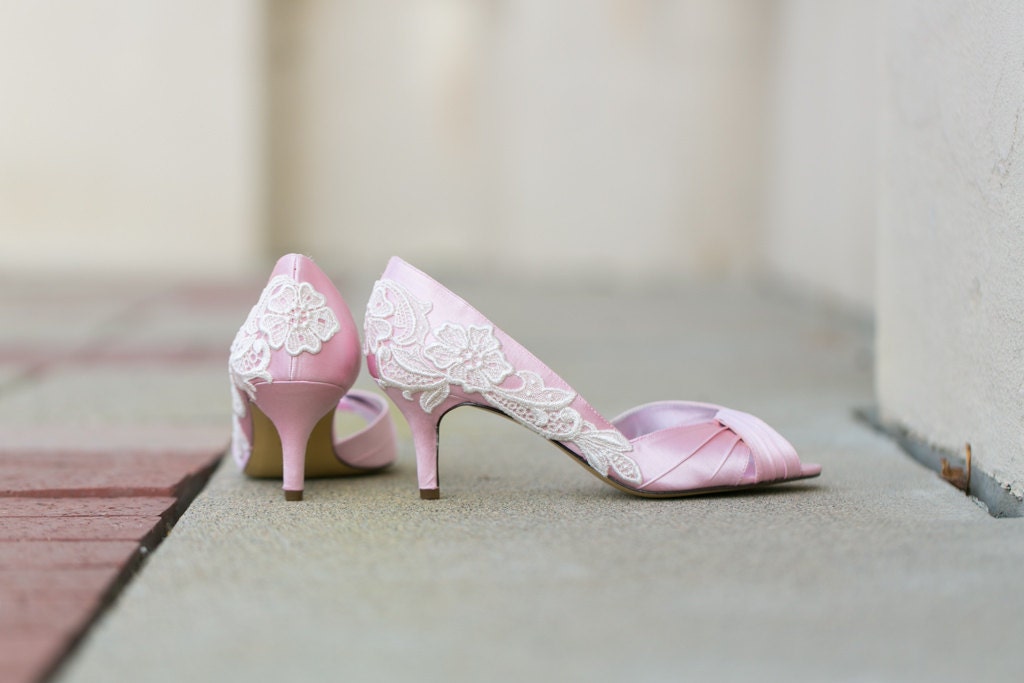 Wedding Shoes - Light Pink Wedding Heels, Pink Bridal Shoes with Ivory Lace. US Size 8