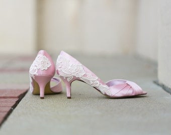 Wedding Shoes - Light Pink Wedding Heels, Pink Bridal Shoes with Ivory Lace. US Size 8