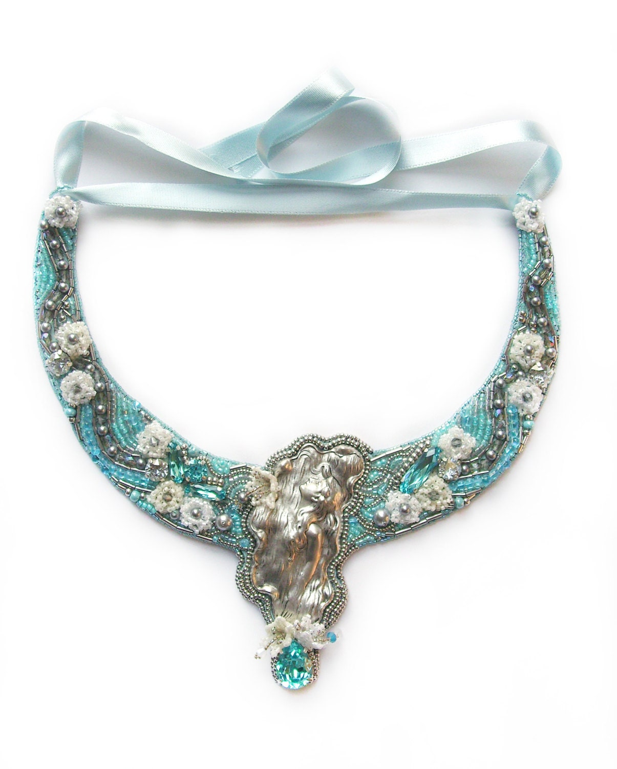 OOAK statement Necklace, choker, beadwork, bead embroidery, prom, bridesmaid, coctail in silver, blue, azure and white