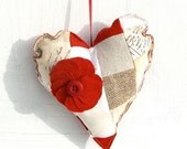 Personalised Heart Patchwork Lavender Pillow, Wedding Bridesmaid Gift, Rustic Linen, Cream Beige Red Hanging Heart With Linen Ros