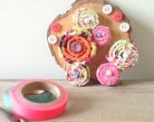 Wall Art - Fabric flowers, Reclaimed wood, Spring themed in orange, green and pink OOAK