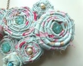 Fibre Necklace - Fabric Beaded Flowers in Light Blue and Pink