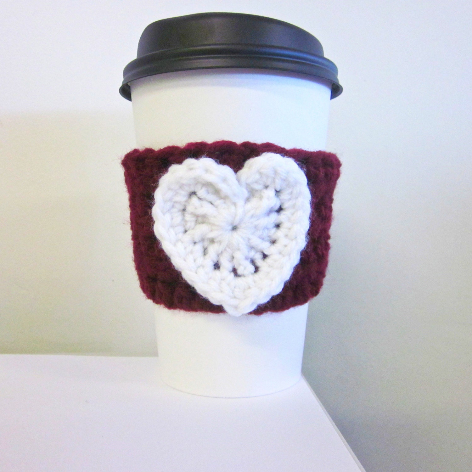 Crochet Cup Cozy Heart Coffee Cup Sleeve in Oxblood Wine and White