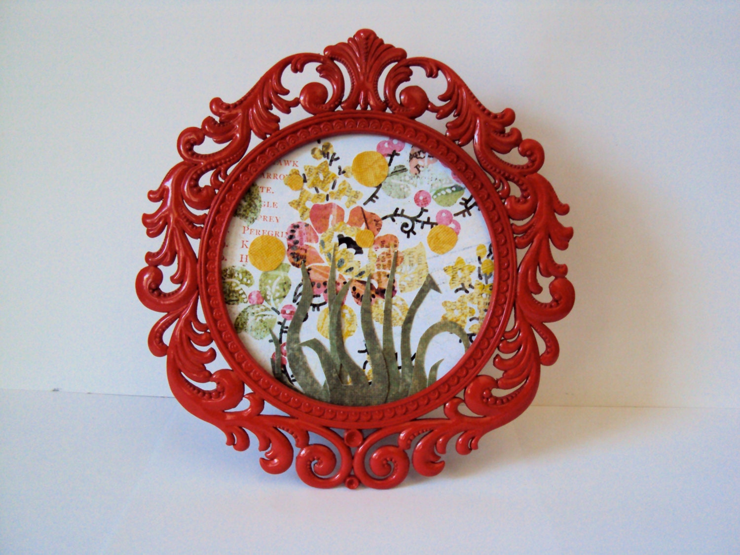 Framed Paper Collage of Grass and Fireflies - Flower Print - Ornate Hot Pink Frame - Original Collage - Nature Art - Spring Decor
