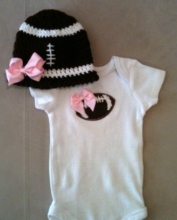 Pink football outfit for baby girls - football onesie w/ pink bow and matching crochet football beanie hat
