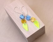 Geometric Dangle Earrings - 2 Hexagons and a Leaf in Juniper, Honey and Hops