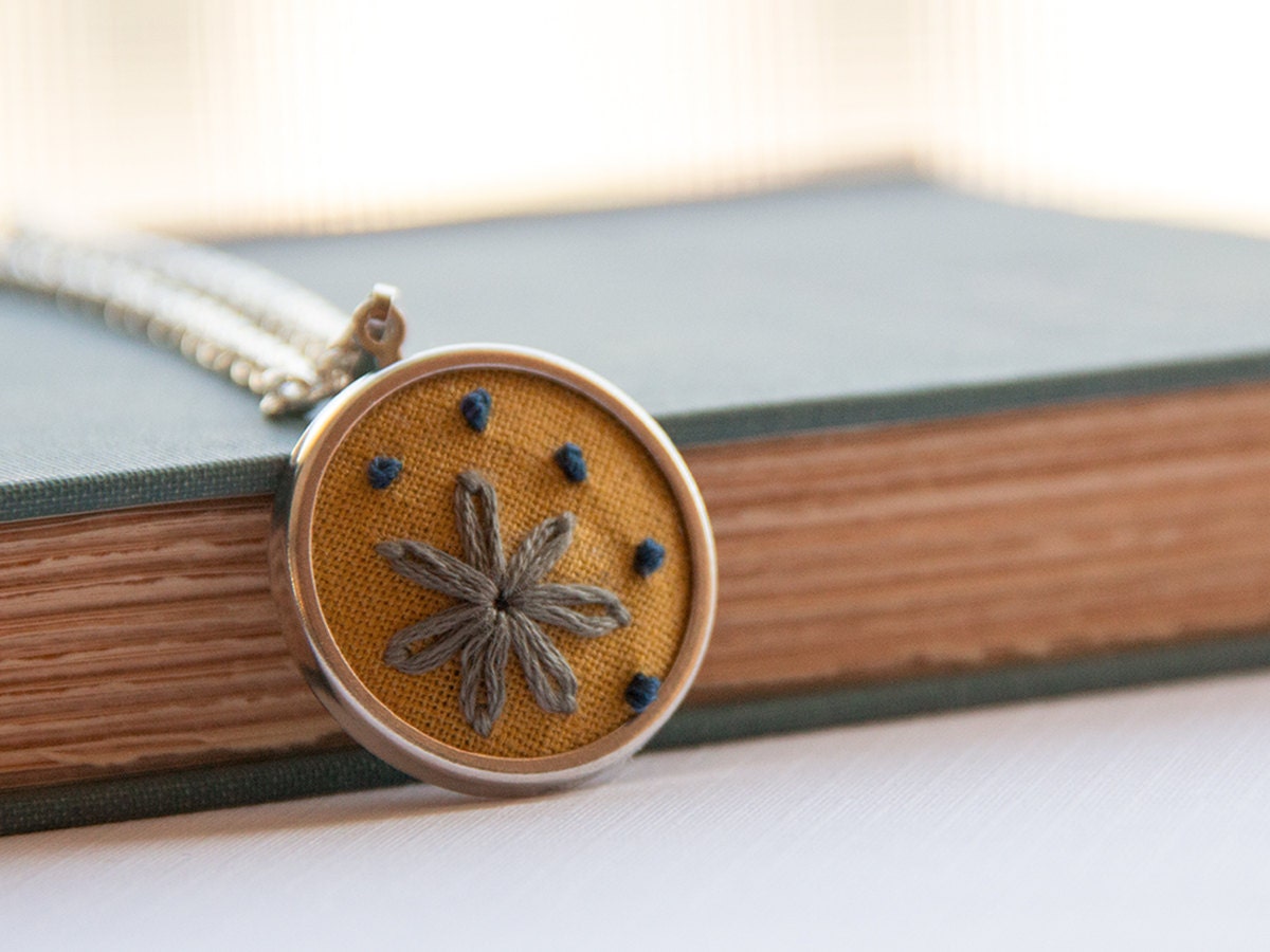 Embroidered Flower Necklace - Mustard Yellow Spring Blossom - 18 in chain - Pretty Jewelry Gift for Her - Floral
