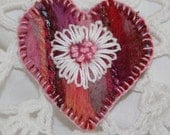 Heart  Brooch - embroidered and felted white daisy on pink