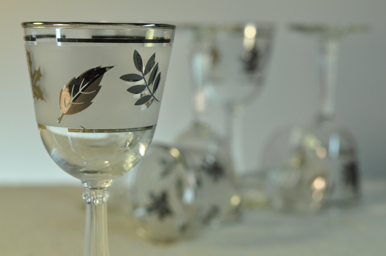 Silver Leaf Cordial Wine Glasses Set of Six Beautiful 1940s Era Glasses