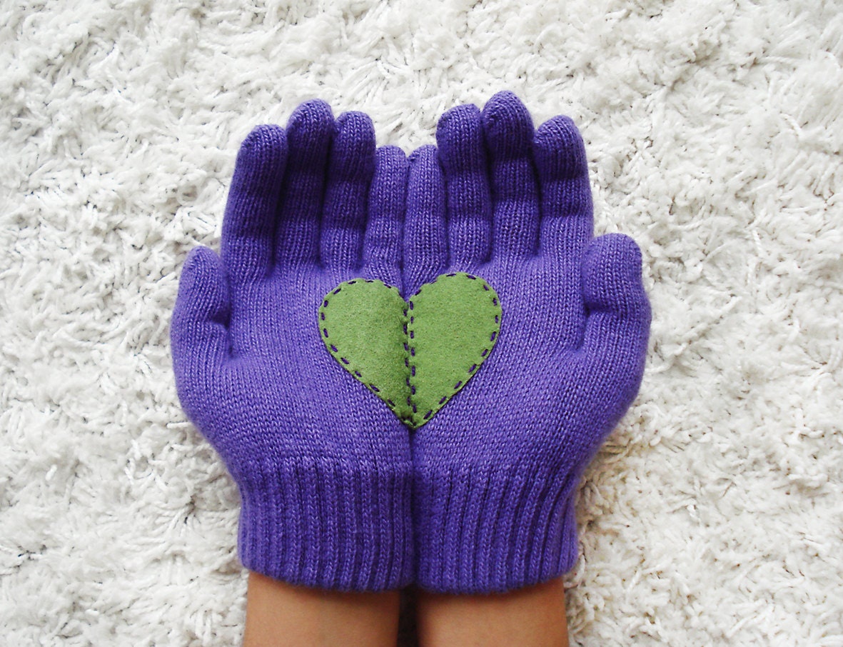 Heart Gloves, Purple Gloves with Green Felt Heart