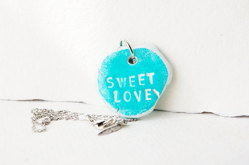 SWEET LOVE chain necklace - stamped pendant - inspirational words - artisand handmade jewelry piece