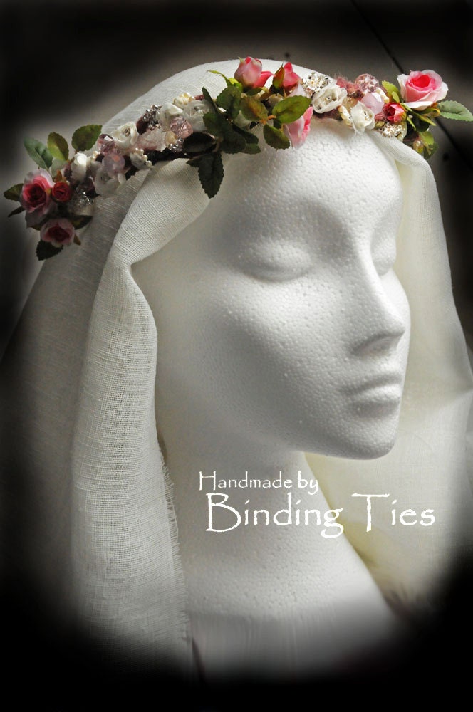 Wedding bridal crown wreath headband coronet in dusky pink and ivory, with silk roses, Swarovski crystals and freshwater pearls