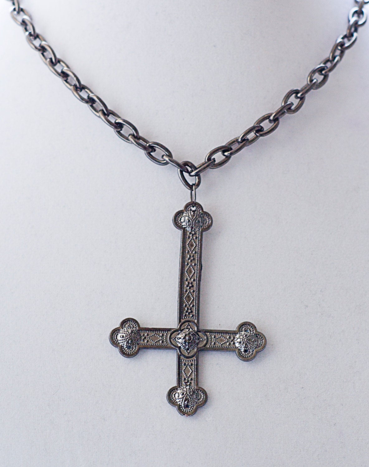 Mens Unisex Gunmetal Inverted Cross Necklace