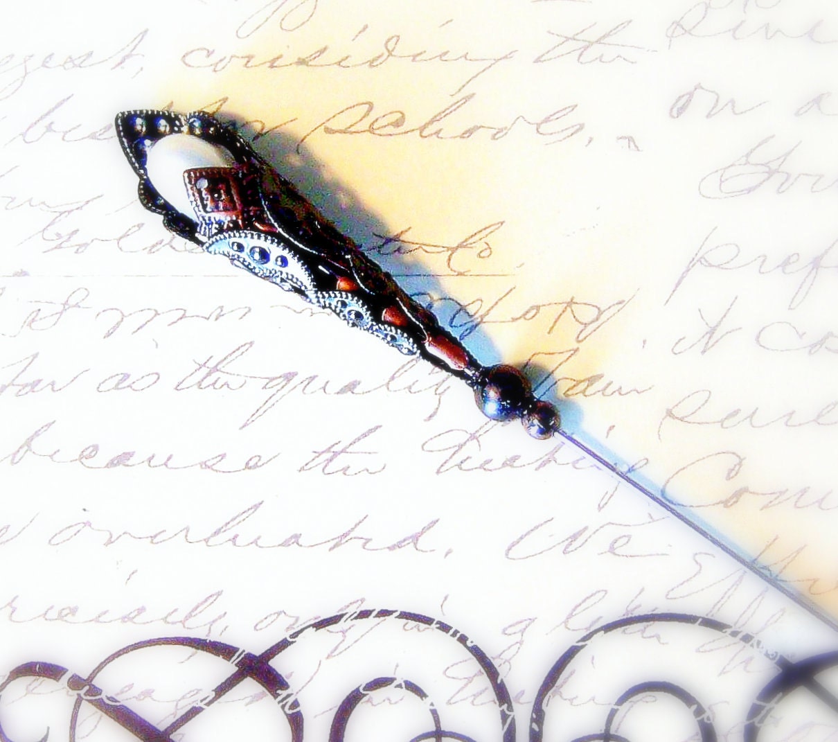 Beaded hat pin Marie Laveau dark voodoo French Quarter teardrop filigree copper black Friday  ivory pearl Victorian scarf lapel pin TAGT
