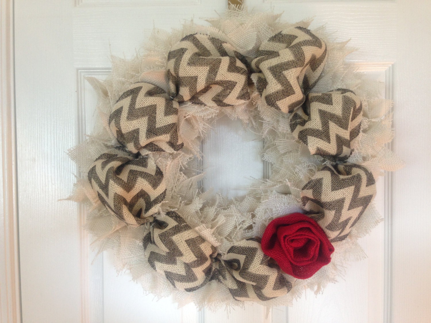 Cream Burlap Wreath with Chevron Ribbon and Red Rose