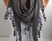 Smokey Grey Shawl Scarf - Triangle Scarf - Lace Scarf - Cotton Scarf