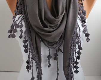 Smokey Grey Shawl Scarf - Triangle Scarf - Lace Scarf - Cotton Scarf