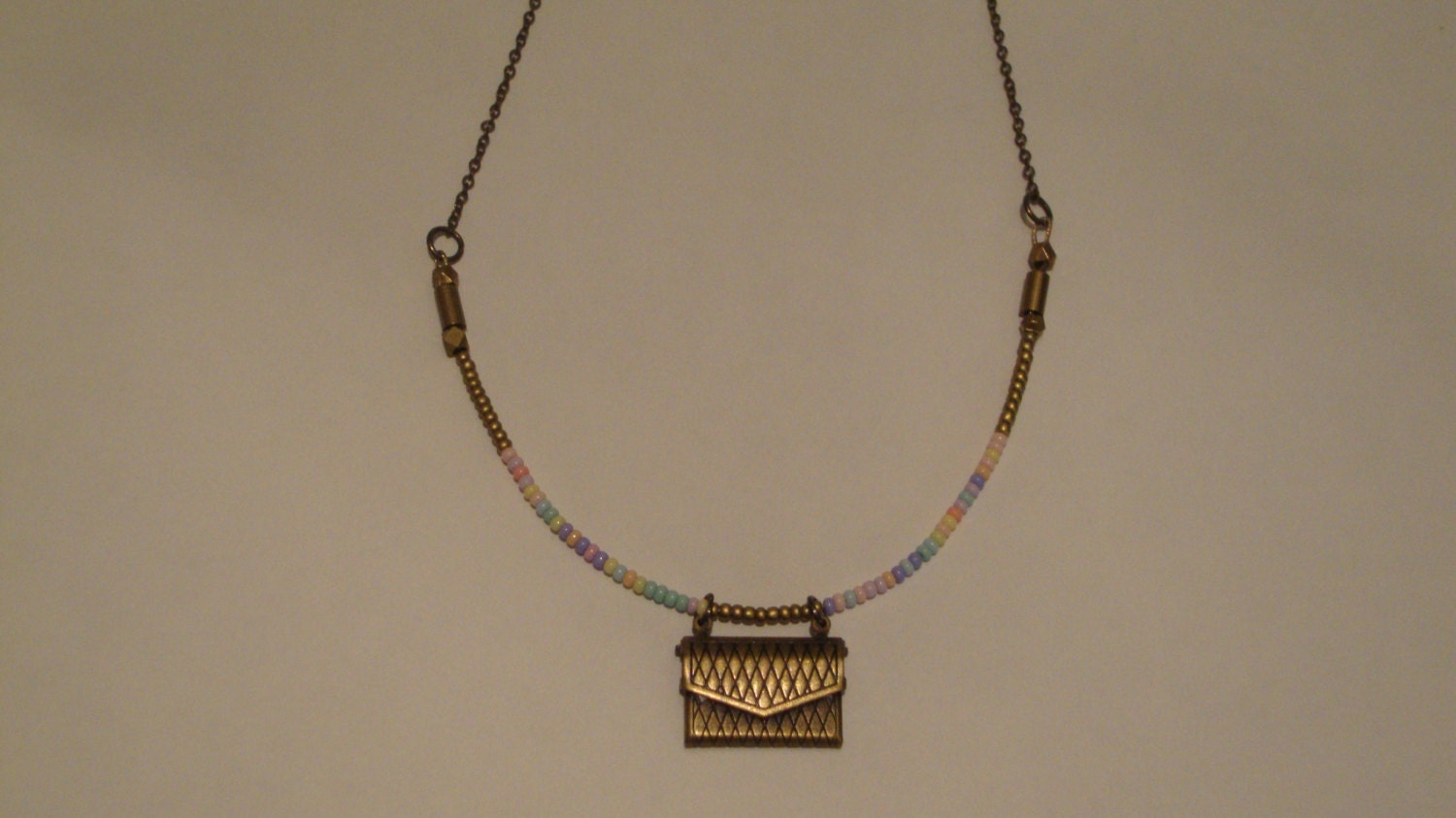 Locket Necklace - Brass Envelope Locket Paired with Beautiful Pastel and Gold Czech Glass Seed Beads "Elegant Enchantment"