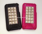 Studded hard black glitter hot pink glitter iphone 3gs case with silver pyramid studs