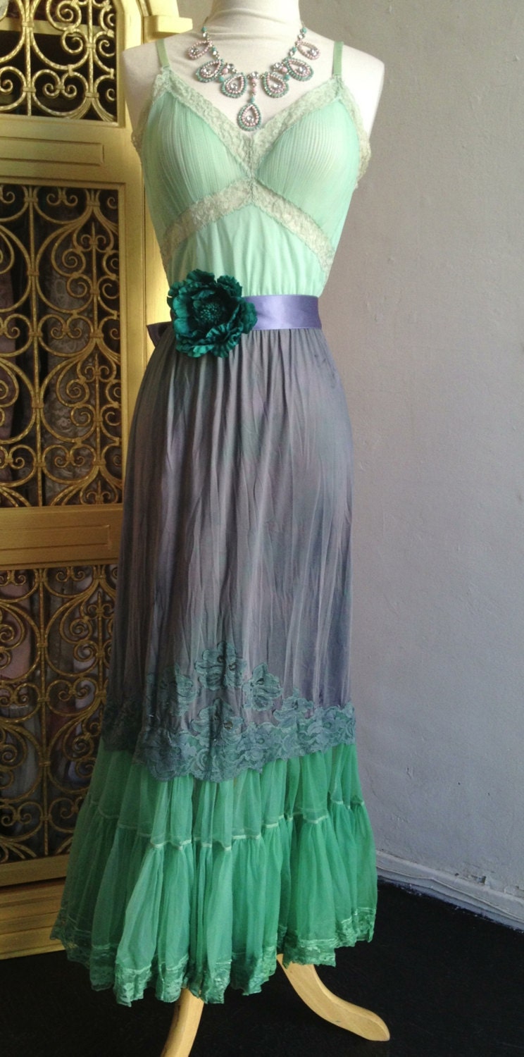 Mermaid Miss K revived steel blue gray seafoam boho crinoline chiffon lace maxi dress