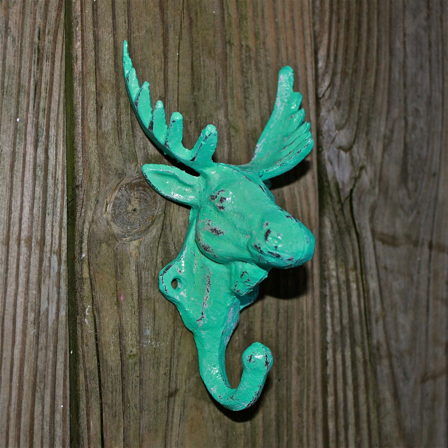 AQUAMARINE BLUE Moose w/ Antlers Wall Hook /Shabby Chic /Lodge, Cabin Decor /Towel Holder /Metal Accessory Hanger /Boys Room /Man Cave
