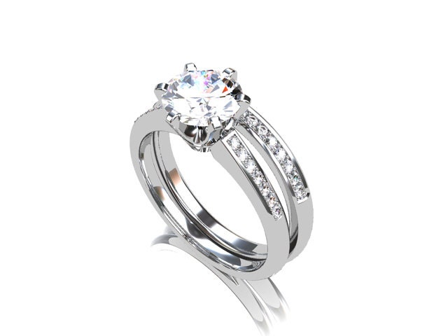 engagement ring set, white sapphire engagement, Diamond band, wedding ring set, white gold, sapphire, pave, solitaire, diamond engagement