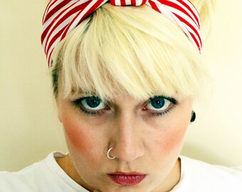 Nautical rockabilly headband. Red and white stripes. Retro hair tie. Pin up style hair wrap. 50s head band. Hippie hairband. 60s head scarf.